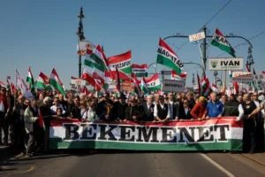 Rendőrségi buszkordon választja el a két menetet, az egyiken Orbán Viktor édesanyja is ott van